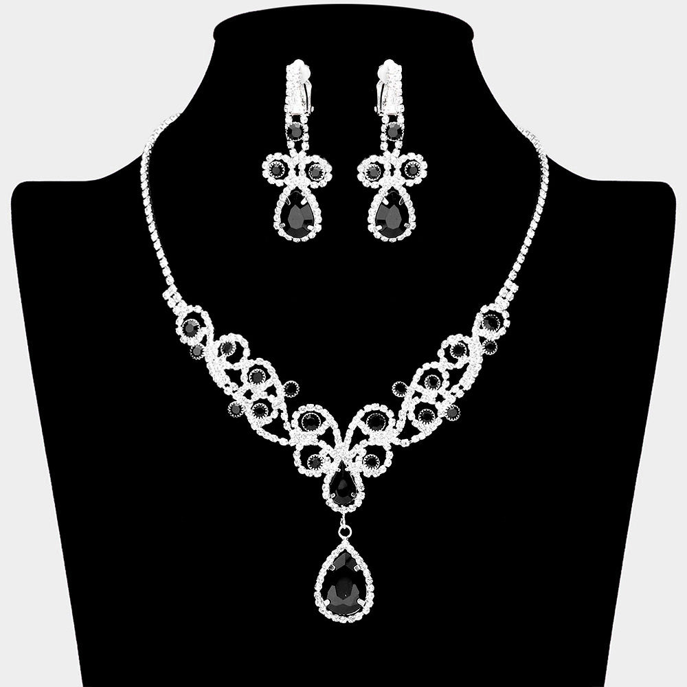 Teardrop Crystal Rhinestone Vine Drop Collar Necklace Clip on Earring Set