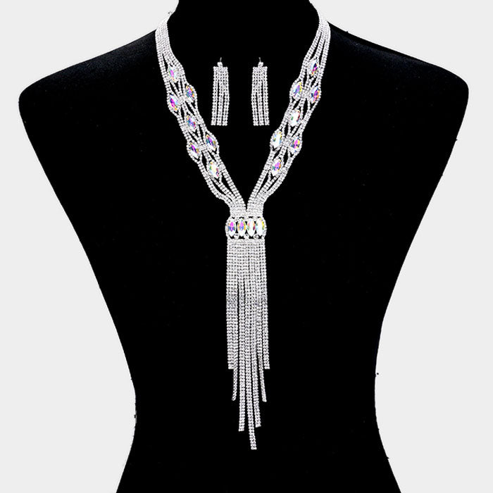 Rhinestone Trim Crystal Oval Fringe Necklace