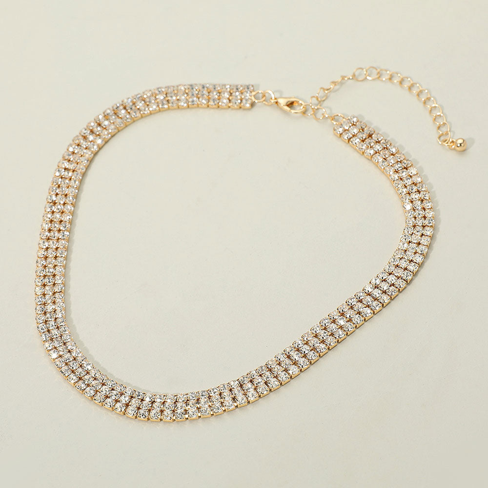 Gold Dipped Triple Row Rhinestone Necklace