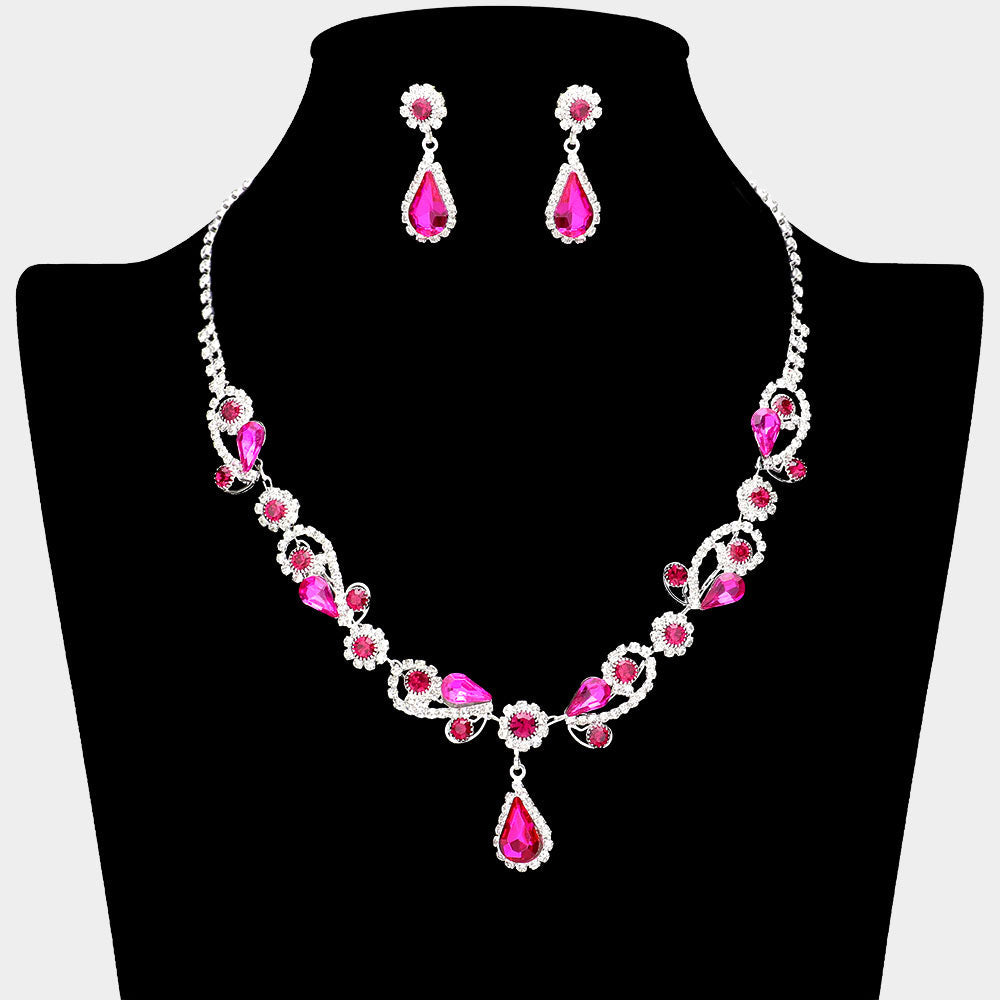Teardrop Pendant Flower Pointed Rhinestone Paved Necklace