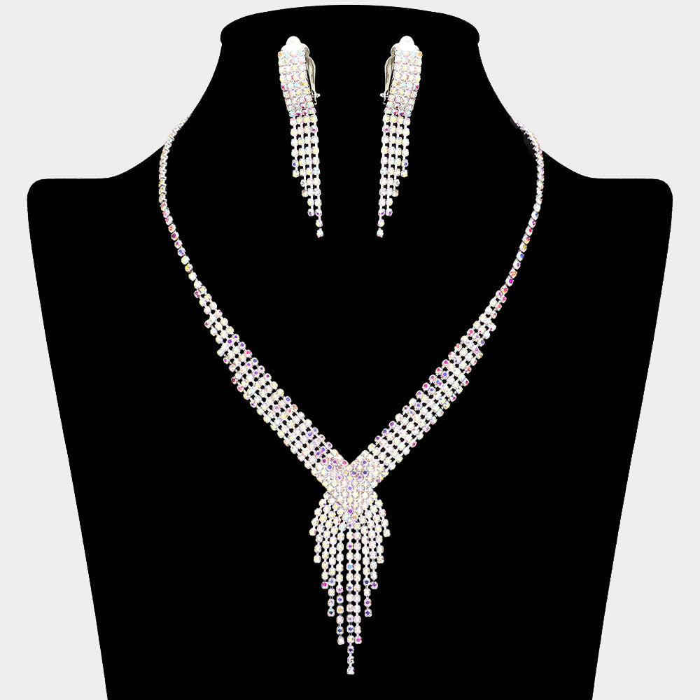 Rhinestone Pave Fringe Necklace & Clip Earring Set
