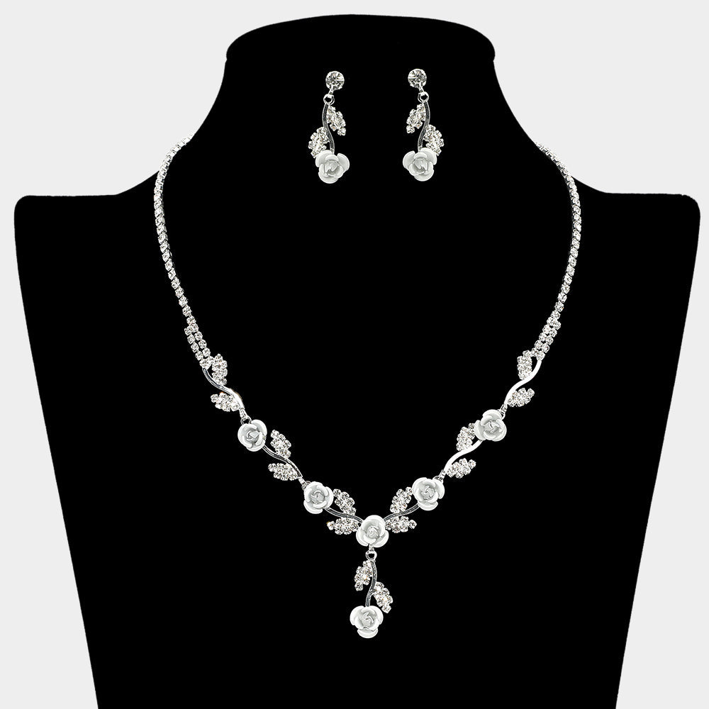 Colored Rose Flower Marquise Stone Cluster Link Rhinestone Paved Necklace