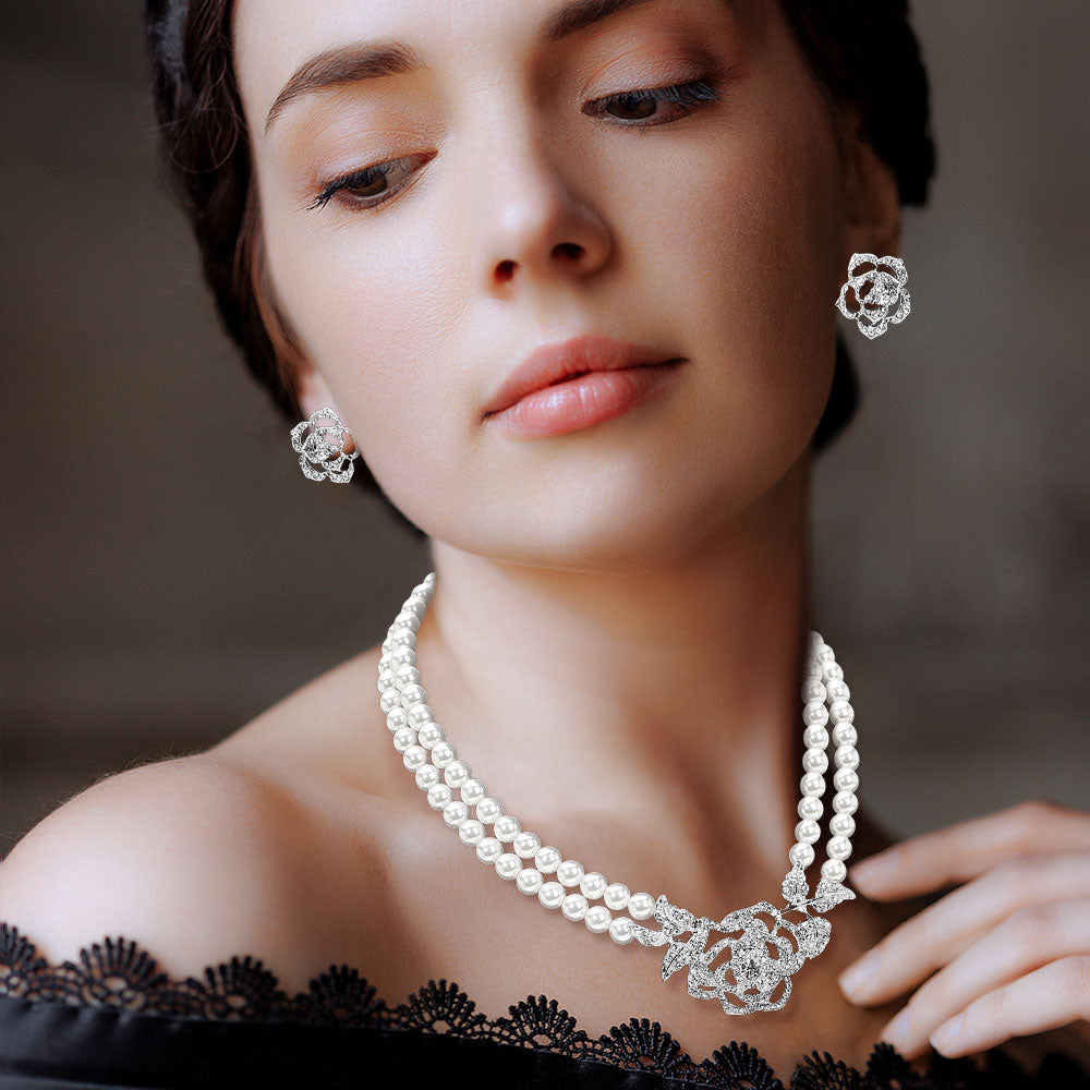 Rhinestone Paved Rose Pendant Double Layered Pearl Necklace