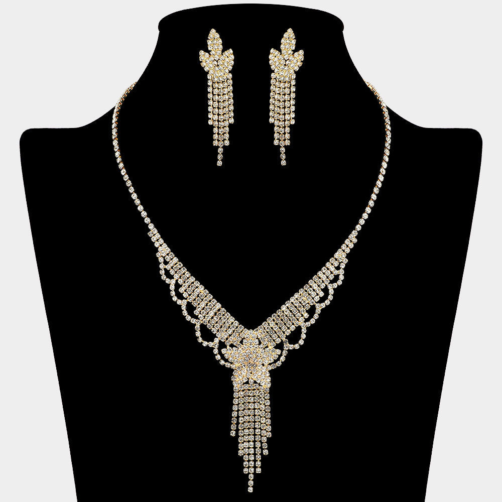 Flower Fringe Accent Rhinestone Paved Necklace