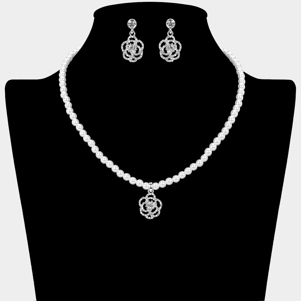 Rhinestone Paved Rose Pendant Pearl Necklace