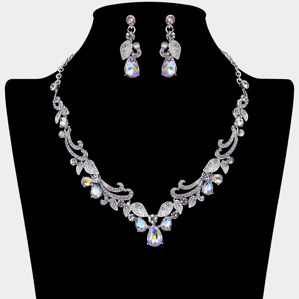 Teardrop Stone Cluster Embellished Rhinestone Paved Leaf Vine Necklace
