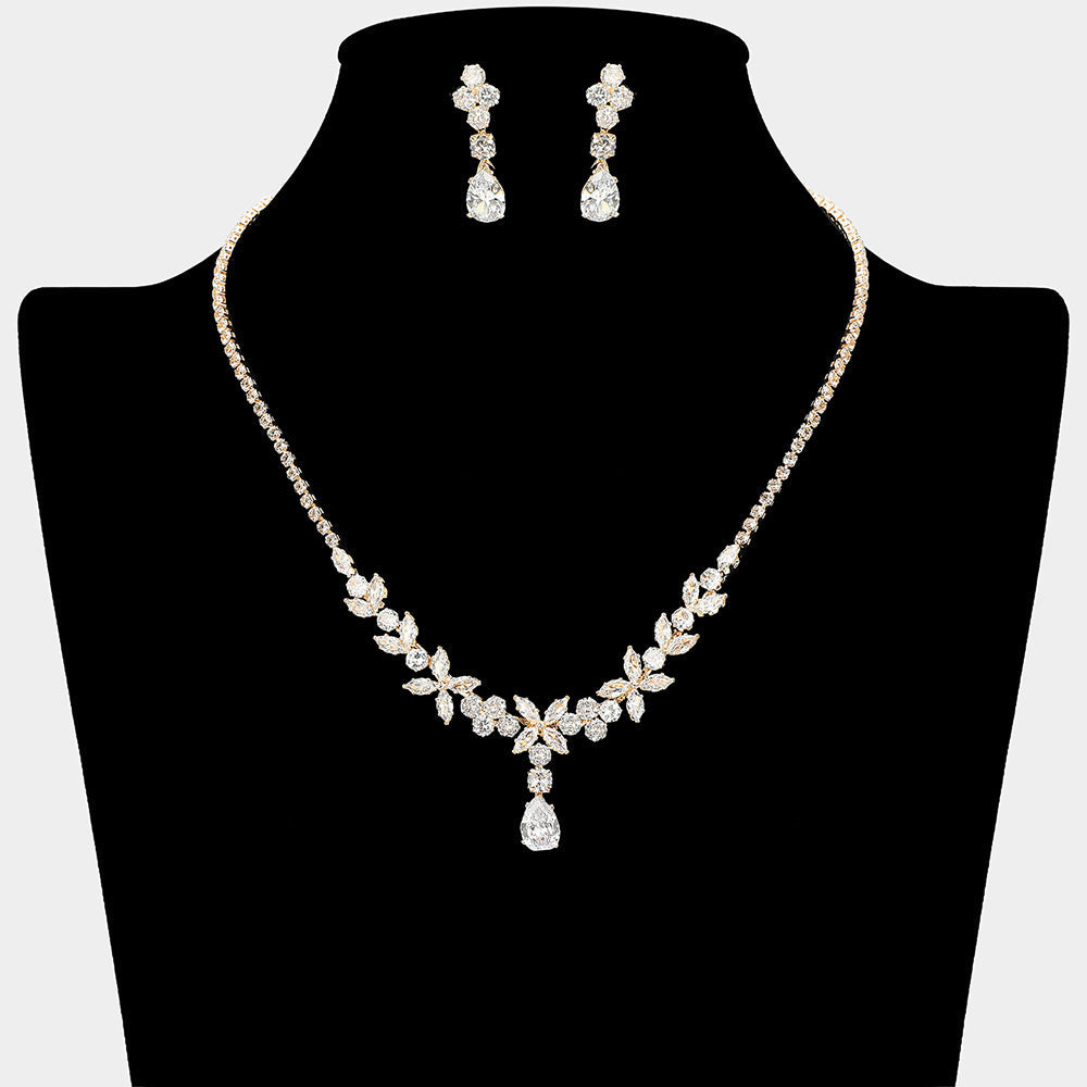 Teardrop Marquise Floral CZ Stone Link Rhinestone Paved Necklace