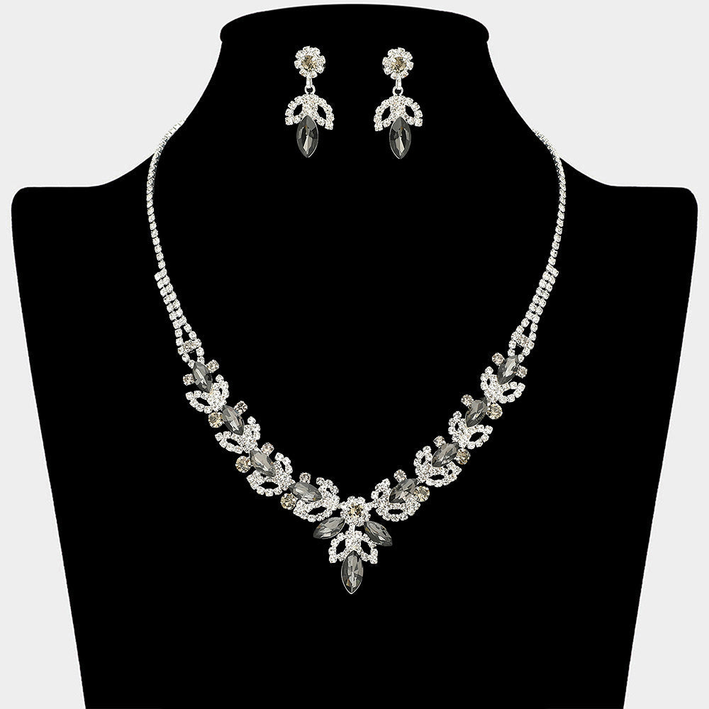 Marquise Stone Cluster Leaf Drop Rhinestone Paved Necklace