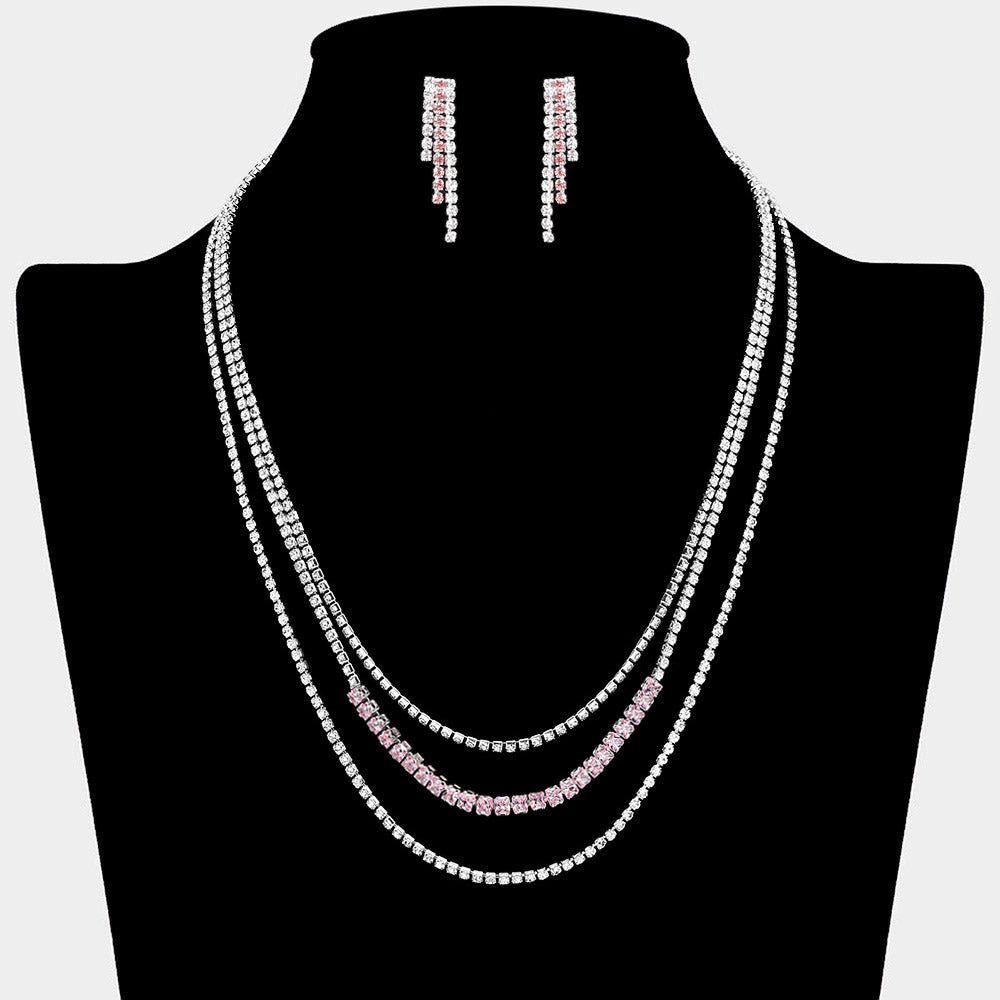 CZ Square Stone Detailed Triple Layered Necklace