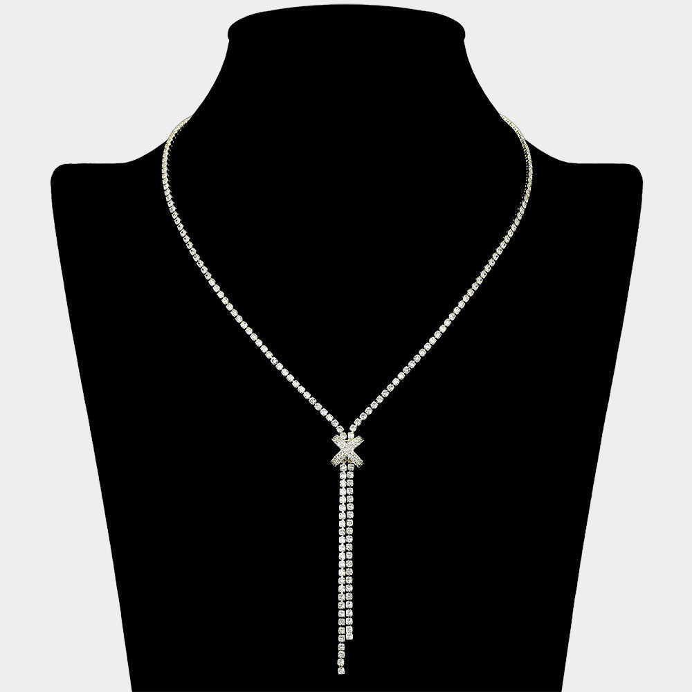 CZ Stone Paved X Charm Accent Y Shaped Necklace
