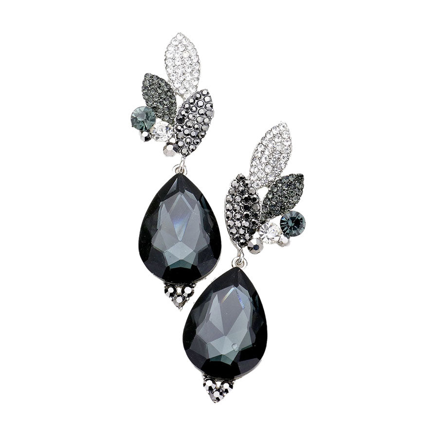 Crystal Rhinestone Pave Leaf Teardrop Evening Earrings