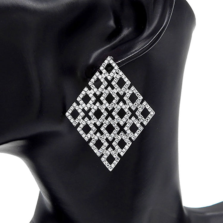 Rhinestone Embellished Diamond Shaped Metal Hoop Earrings