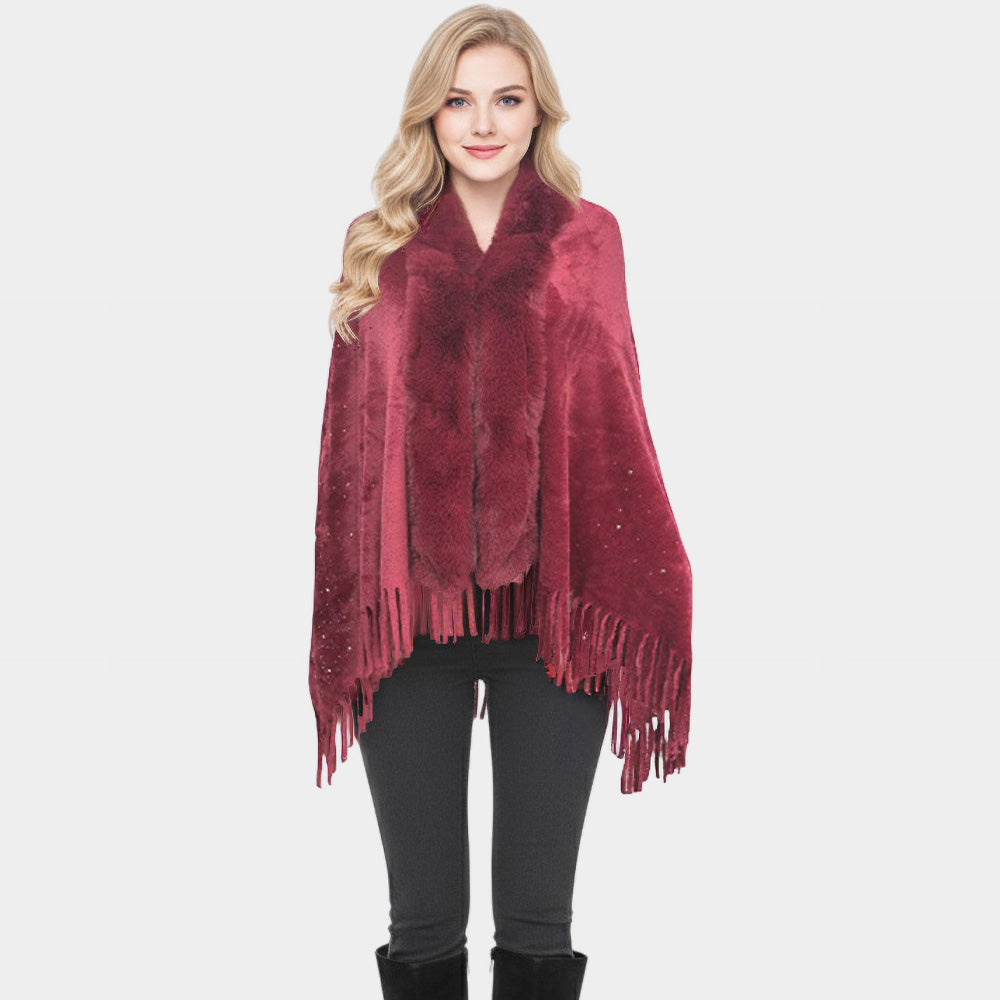 Rhinestone Embellished Fringe Faux Fur Poncho Wrap