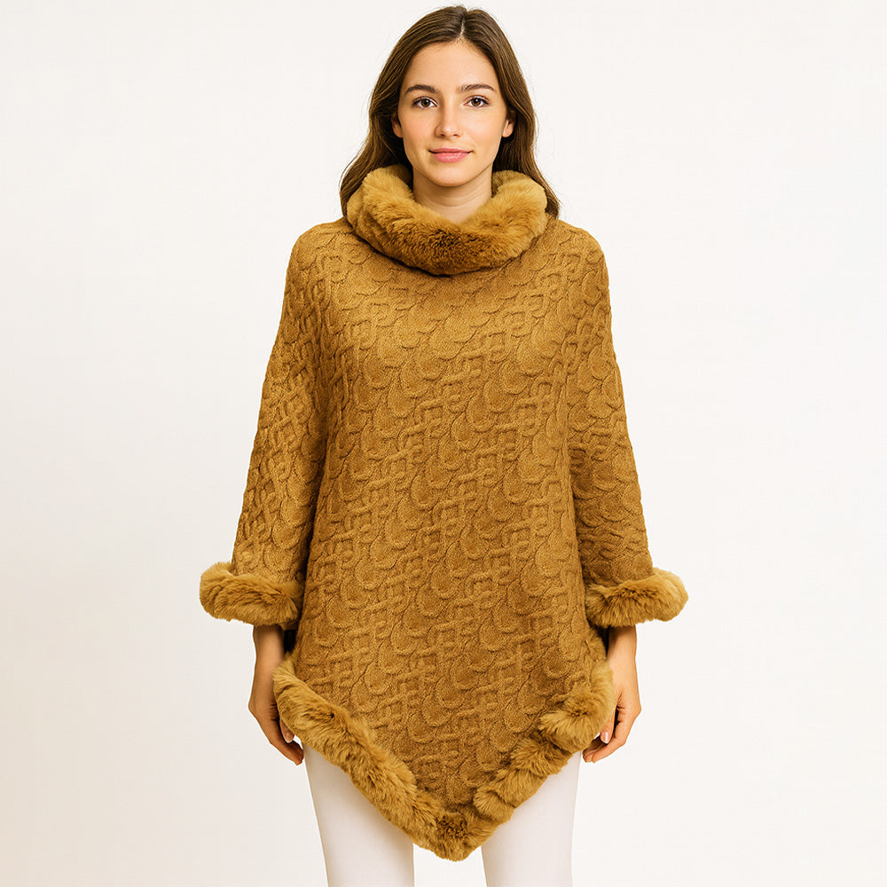 Textured Faux Fur Trim Cape Poncho