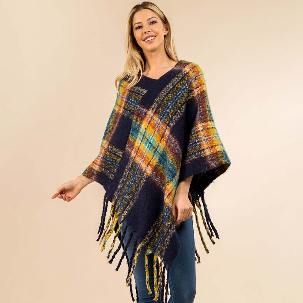 Plaid Fringe Hem Poncho