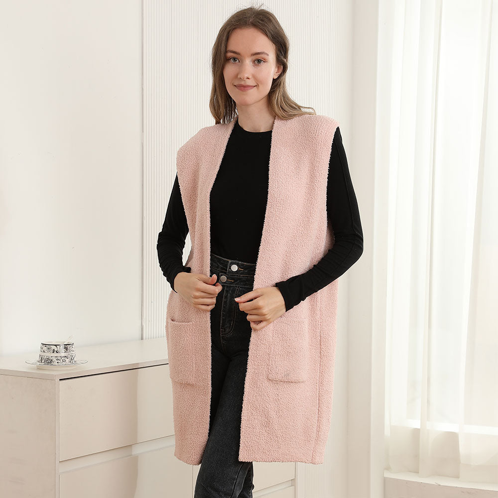 Solid Color Open Front Long Vest