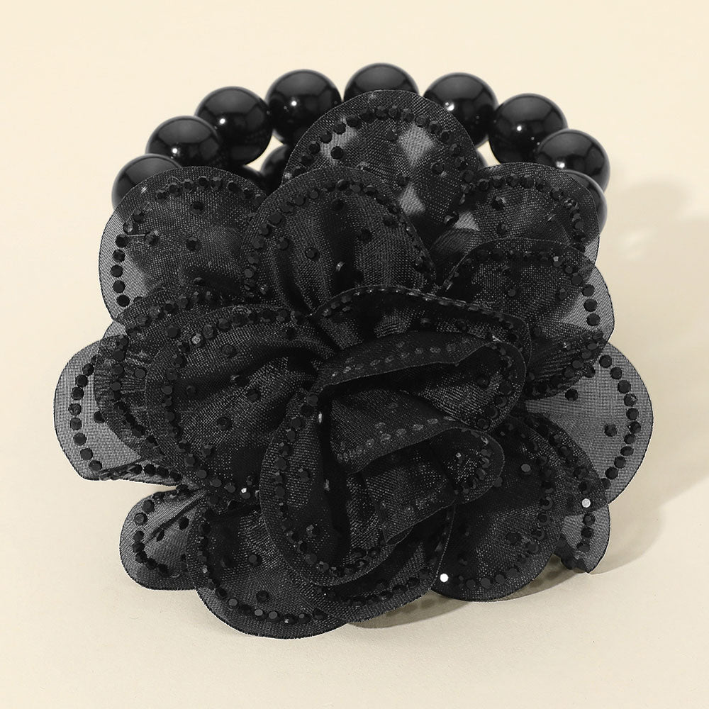 Bling Studded Fabric Flower Statement Faux Pearl Beaded Stretch Bracelet