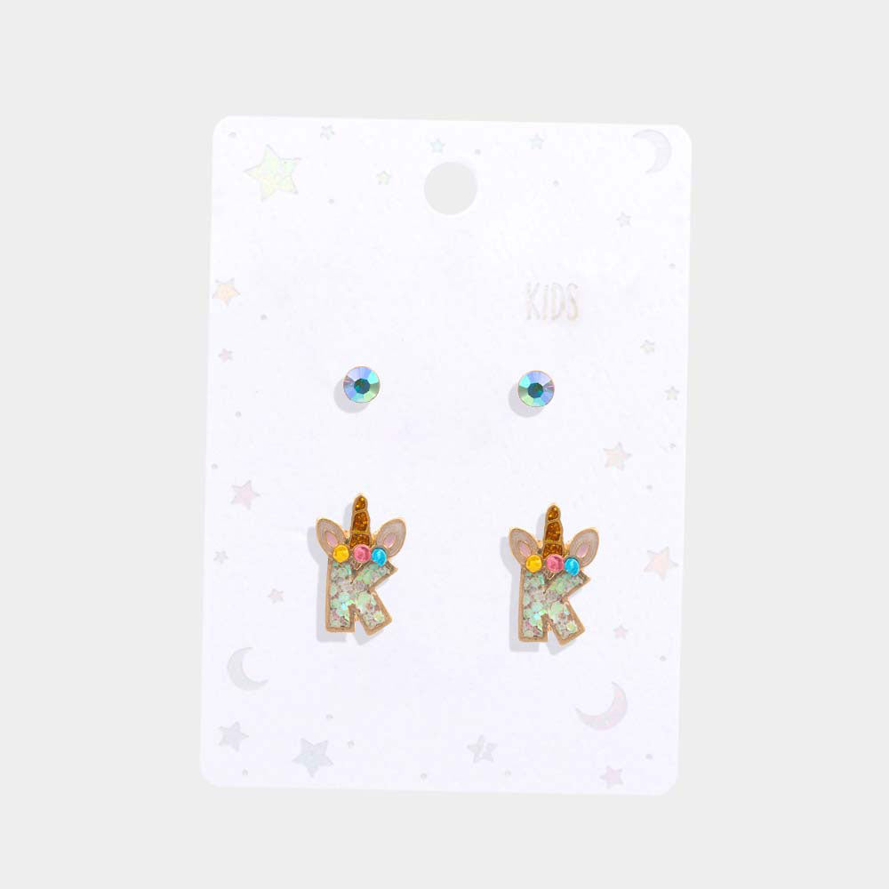 2Pairs - K Round Stone Unicorn Initial Monogram Stud Kids Earrings