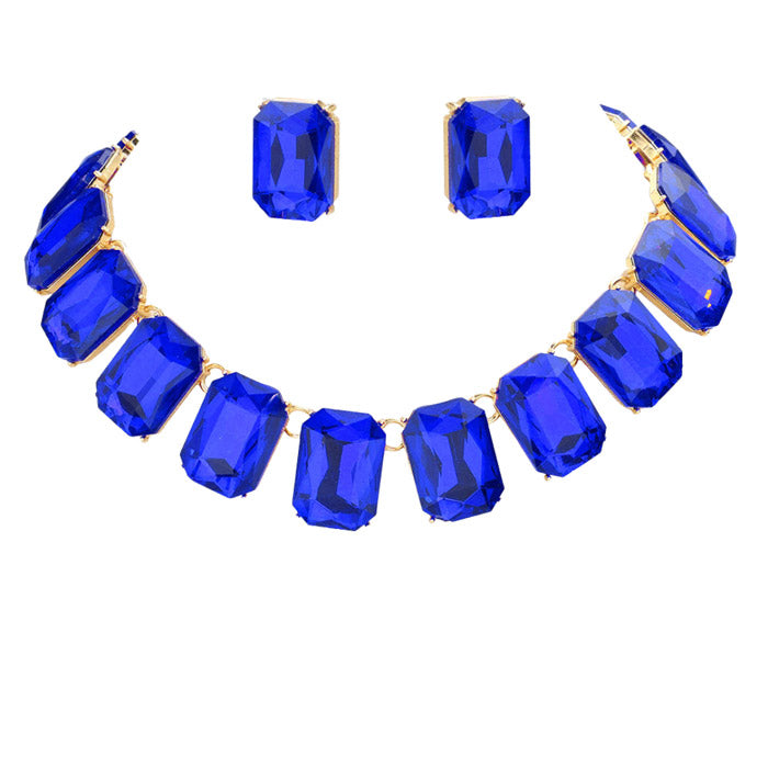 Emerald Cut Stone Link Evening Necklace Earring Set