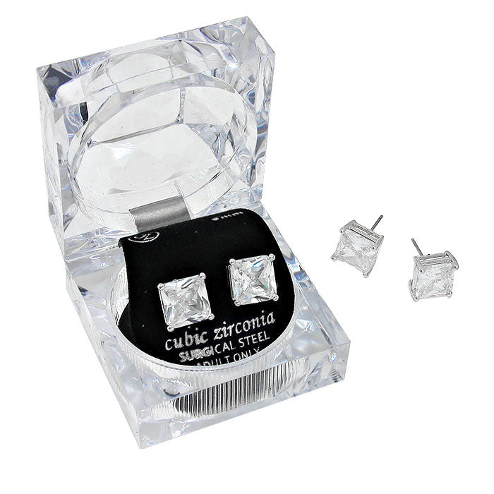 9mm Square Crystal Cubic Zirconia Stud Earrings in Clear Gift Box - Ready to Gift