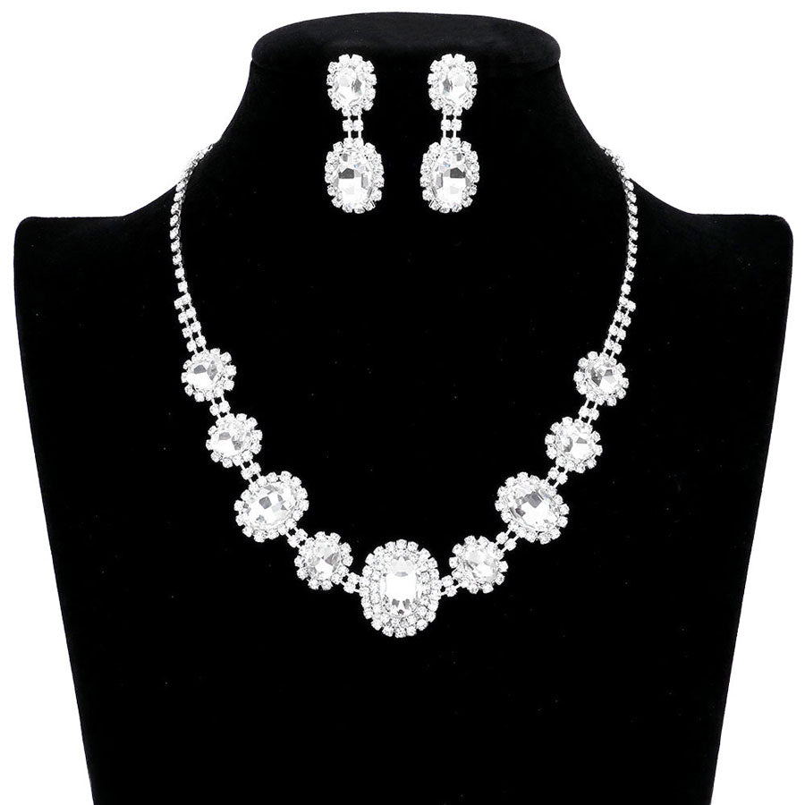 Oval Stone Accented Rhinestone Trimmed Necklace