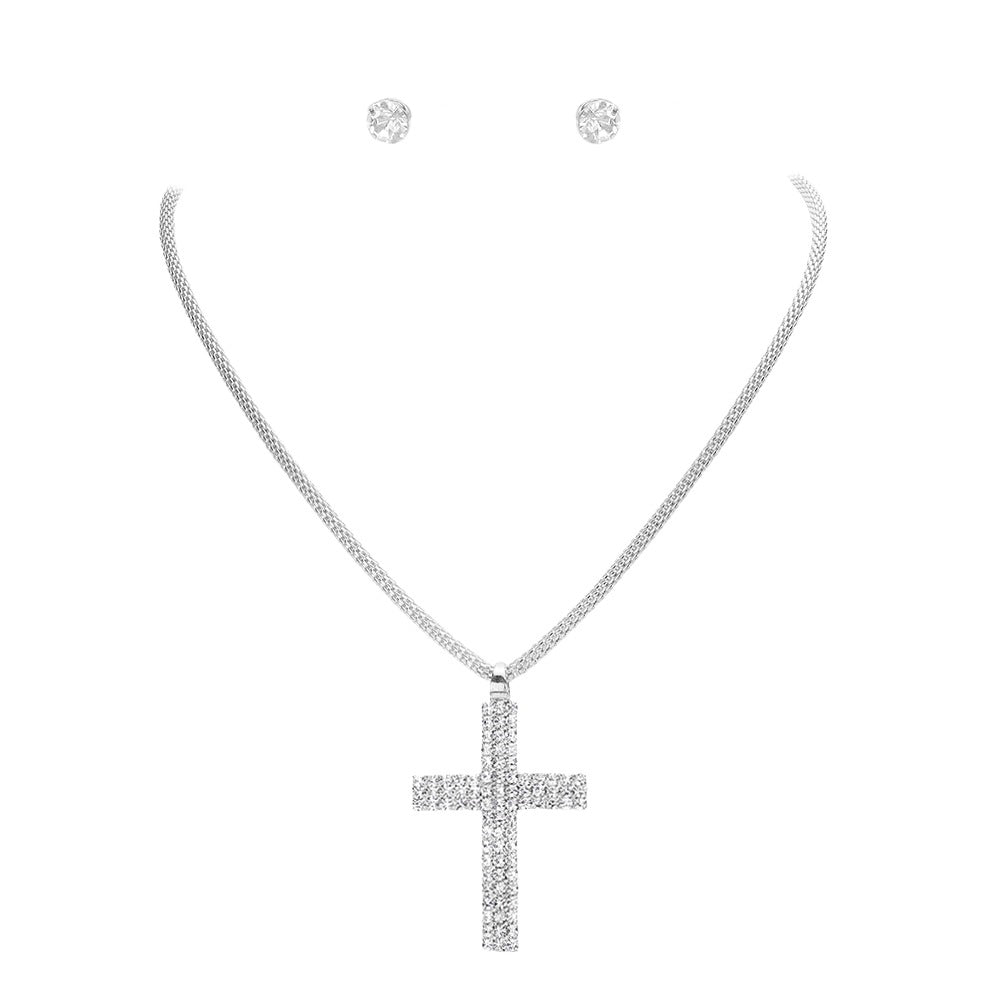 Rhinestone Paved Cross Pendant Jewelry Set