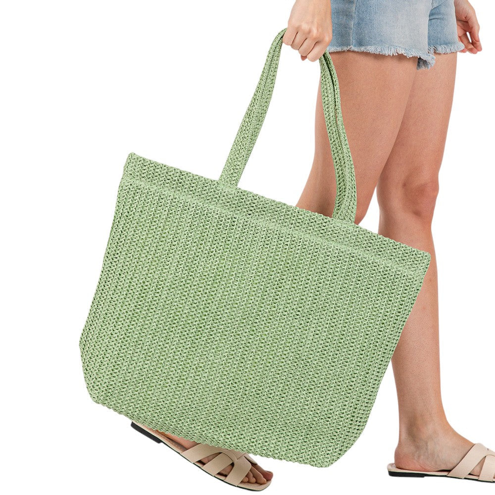 Women's Solid Crochet Straw Tote Bag / Beach