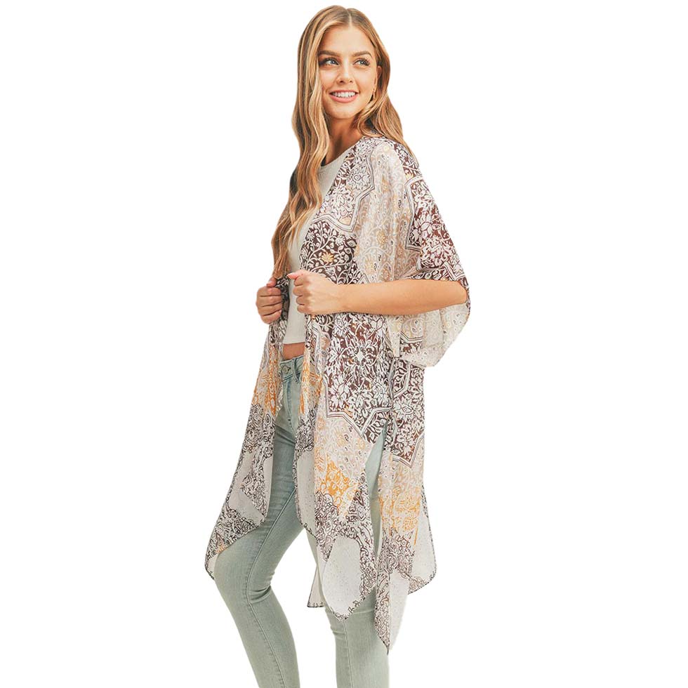 Floral Leaf Patterned Cover Up Kimono Poncho