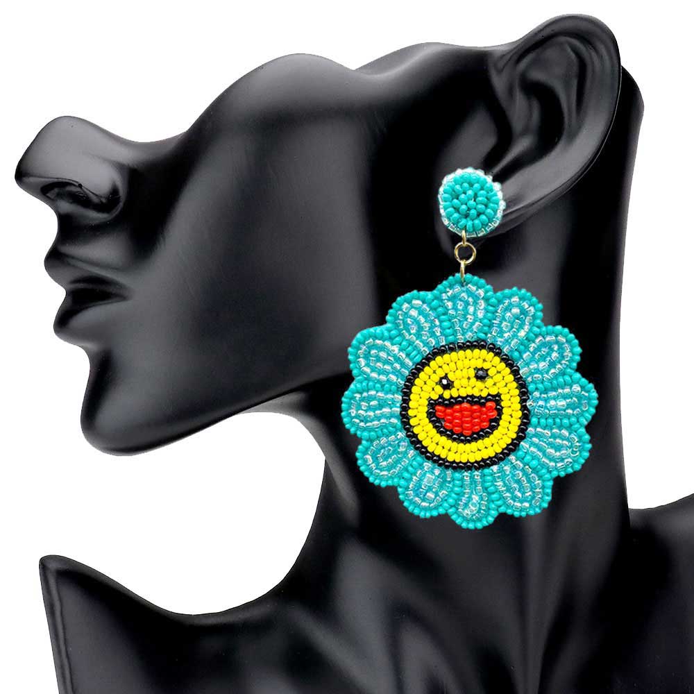 Felt Back Seed Beaded Smile Flower Dangle Earrings