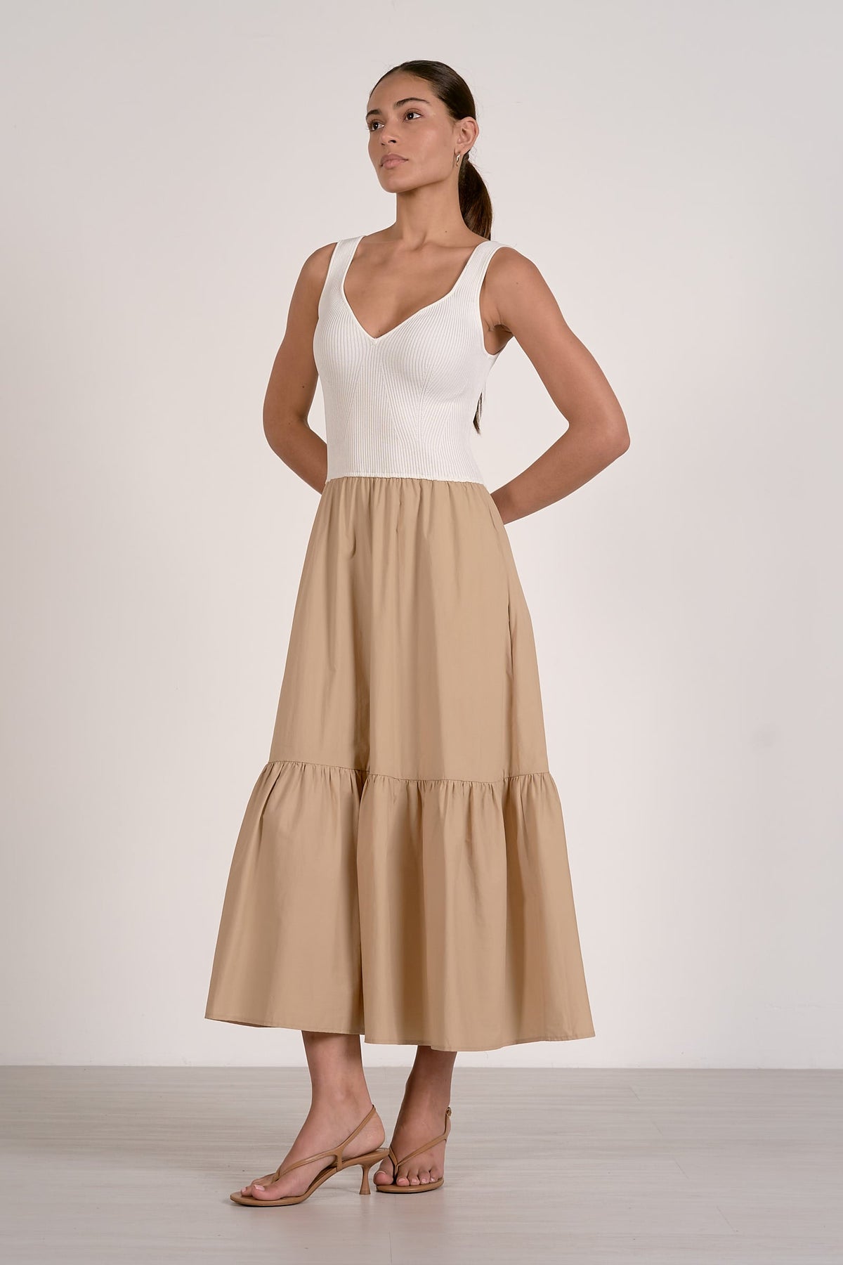 Rhodes Midi Dress Sand White Combo