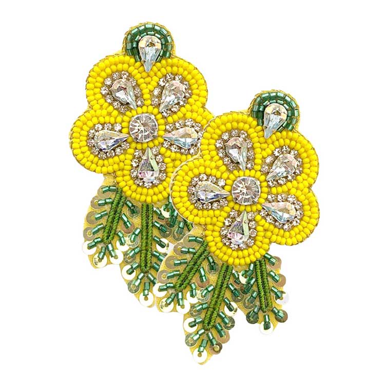 Felt Back Sequin Stone Seed Beaded Flower Leaf Earrings