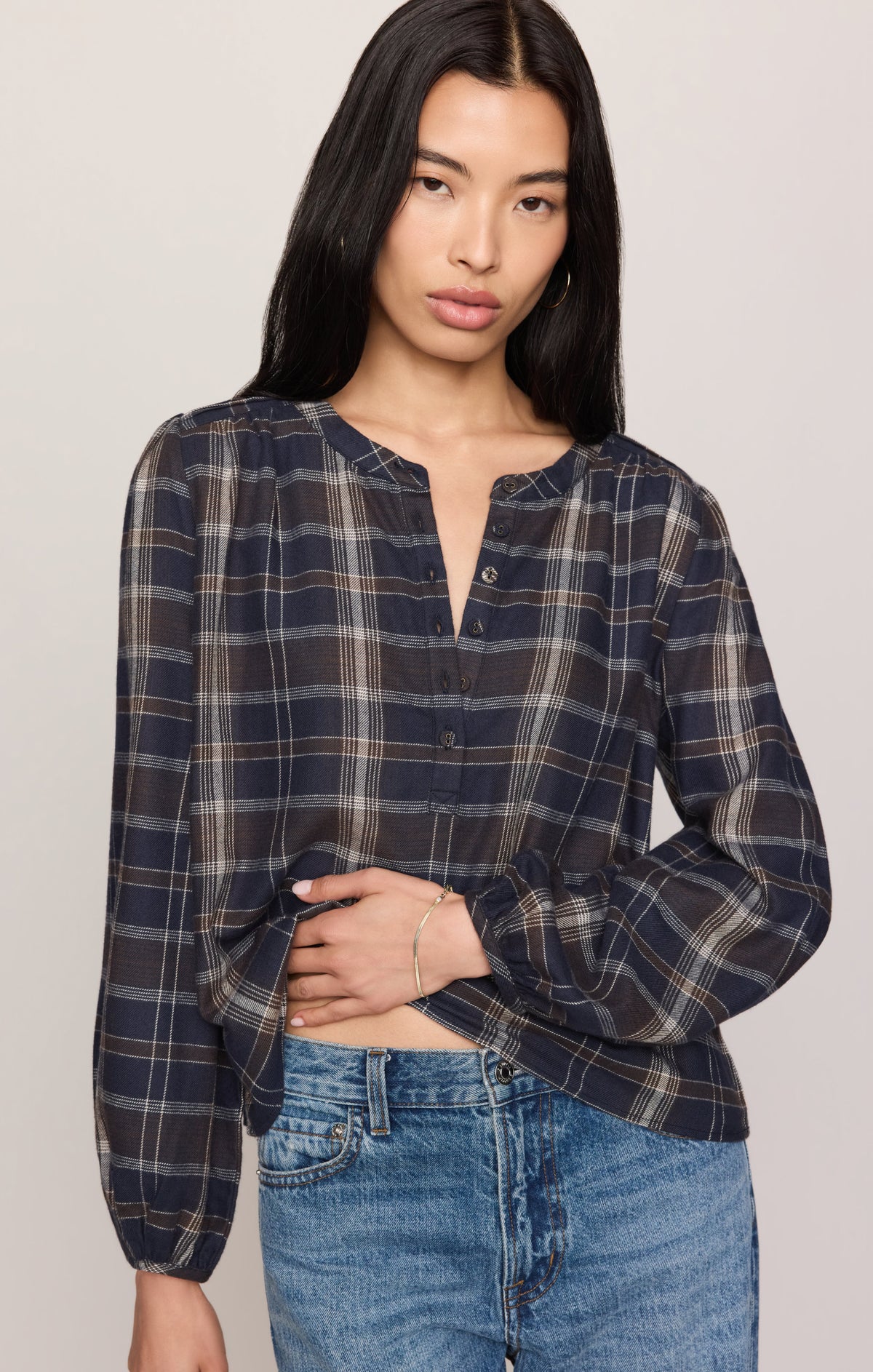 Autumn Plaid Henley Blouse in Eclipse