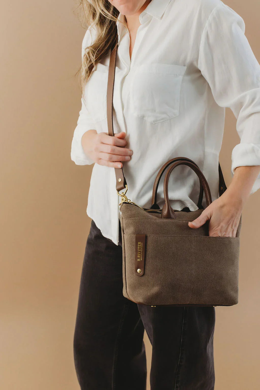 Dot | Small Tote | Chocolate Washed Canvas + Brown Leather