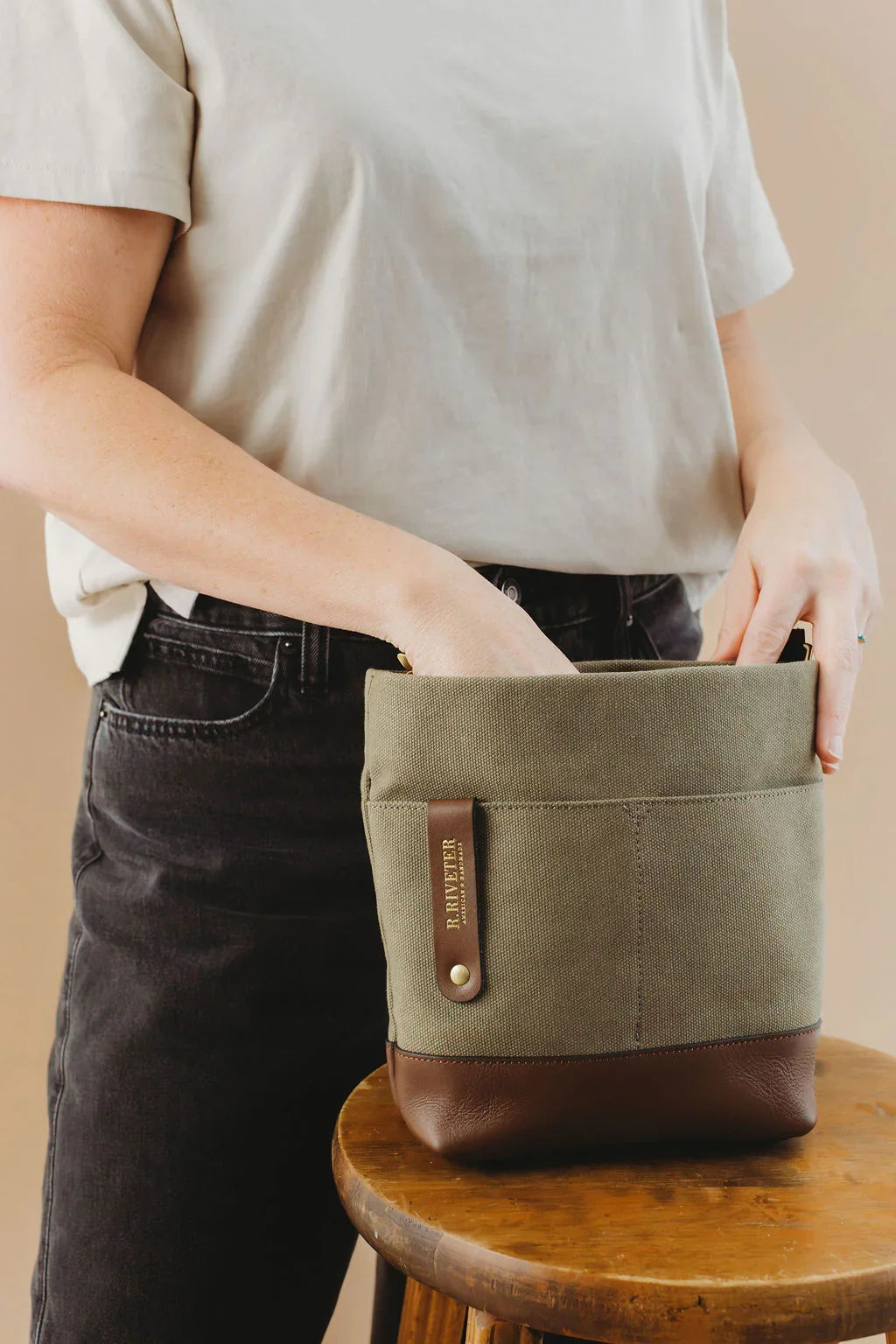 Betsy Bucket Bag | Fatigue Washed Canvas + Brown Leather