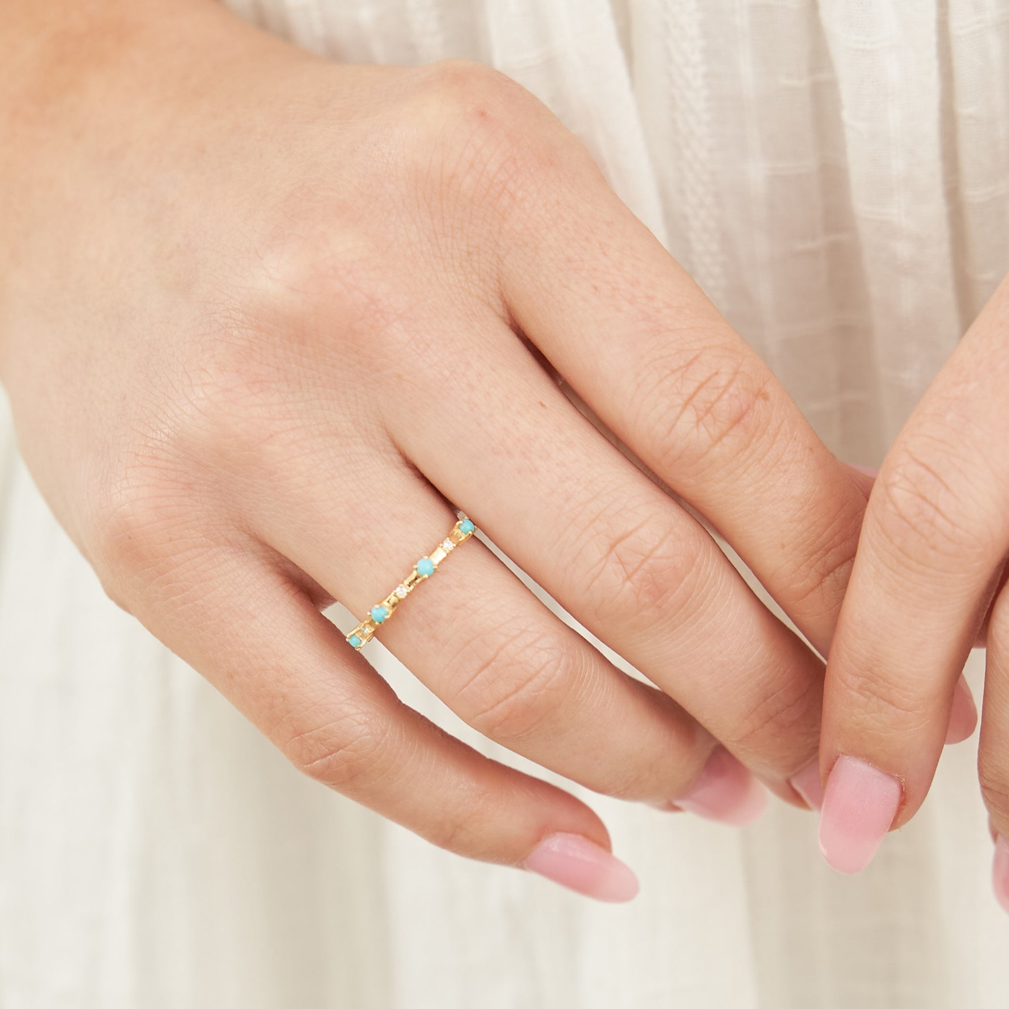 Alyssa 14K Gold Turquoise Dainty Ring with White Diamonds by Christina Greene at Shirley Shoppe