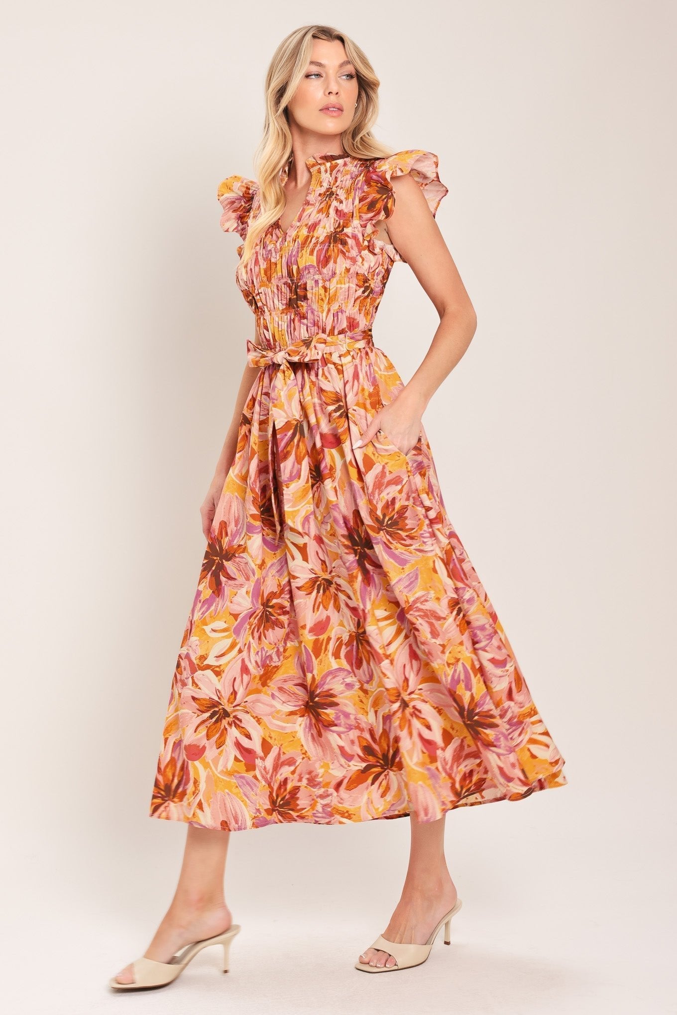 APRICOT BLOSSOM WOVEN MIDI DRESS by Flying Tomato at Shirley Shoppe