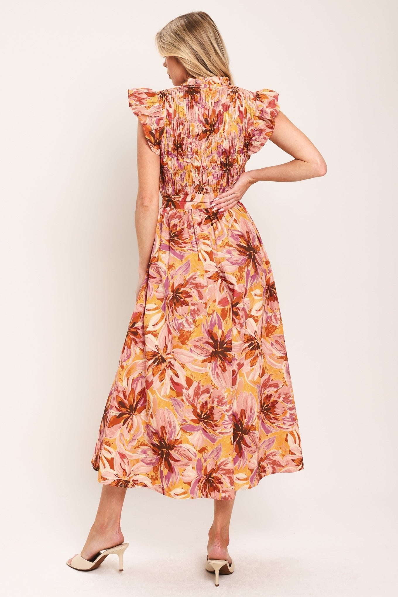 APRICOT BLOSSOM WOVEN MIDI DRESS by Flying Tomato at Shirley Shoppe