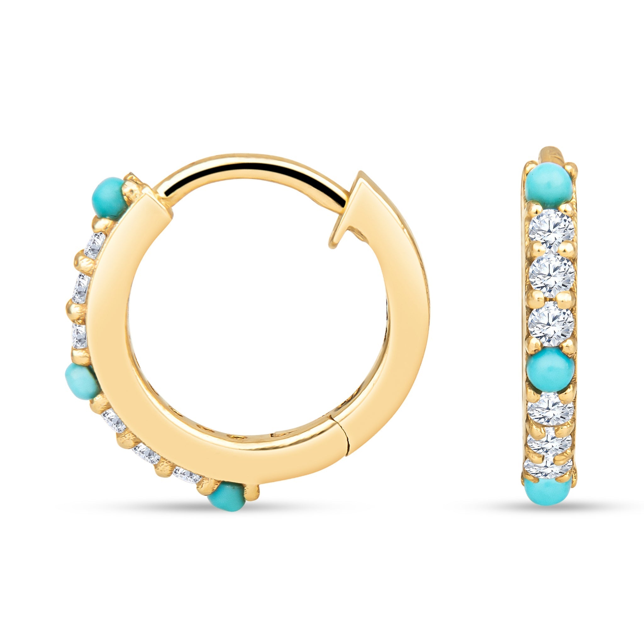 Ashton 14K Gold Turquoise Huggies with White Diamonds by Christina Greene at Shirley Shoppe