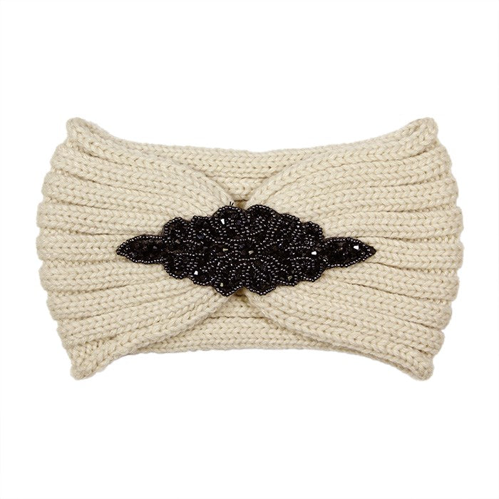 Beaded Flower Applique Knit Headband Earmuff Ear Warmer