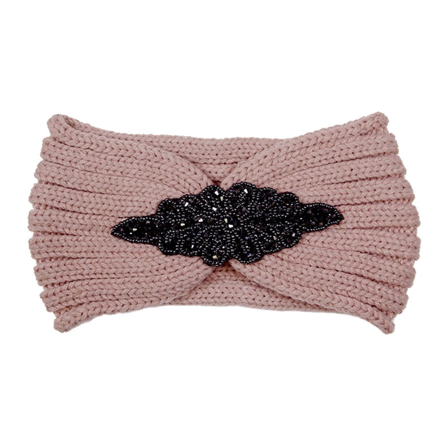 Beaded Flower Applique Knit Headband Earmuff Ear Warmer