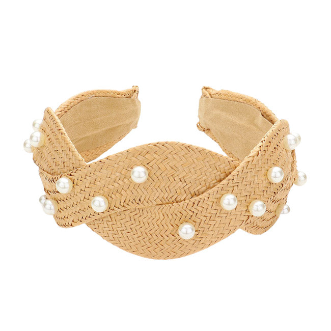 Pearl Embellished Braided Straw Headband