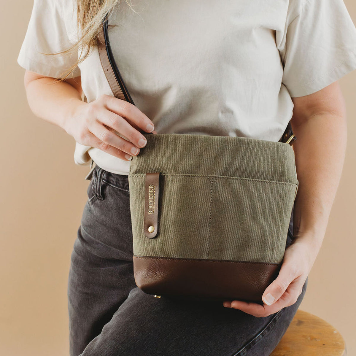 Betsy Bucket Bag | Fatigue Washed Canvas + Brown Leather