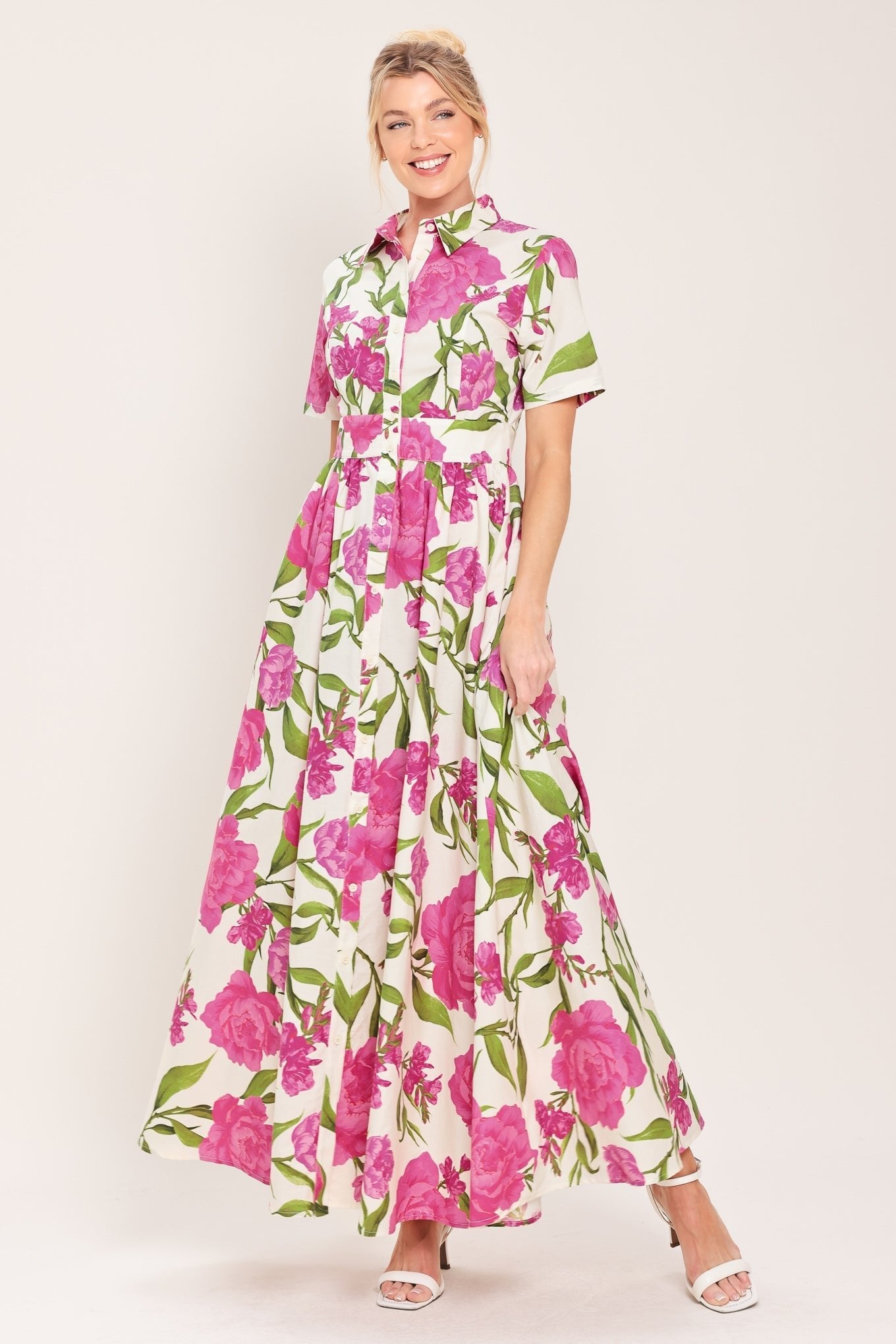 BLOOMING ROSE WOVEN MAXI SHIRT DRESS by Flying Tomato at Shirley Shoppe