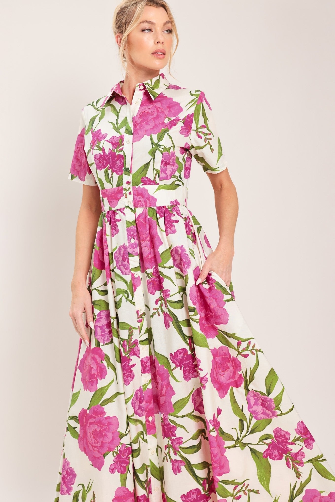 BLOOMING ROSE WOVEN MAXI SHIRT DRESS by Flying Tomato at Shirley Shoppe