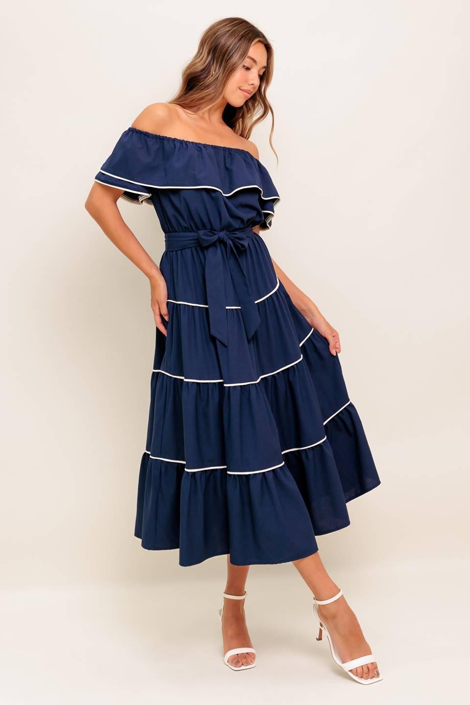 BUTTERCREAM DREAM NAVY WOVEN MIDI DRESS by Flying Tomato at Shirley Shoppe