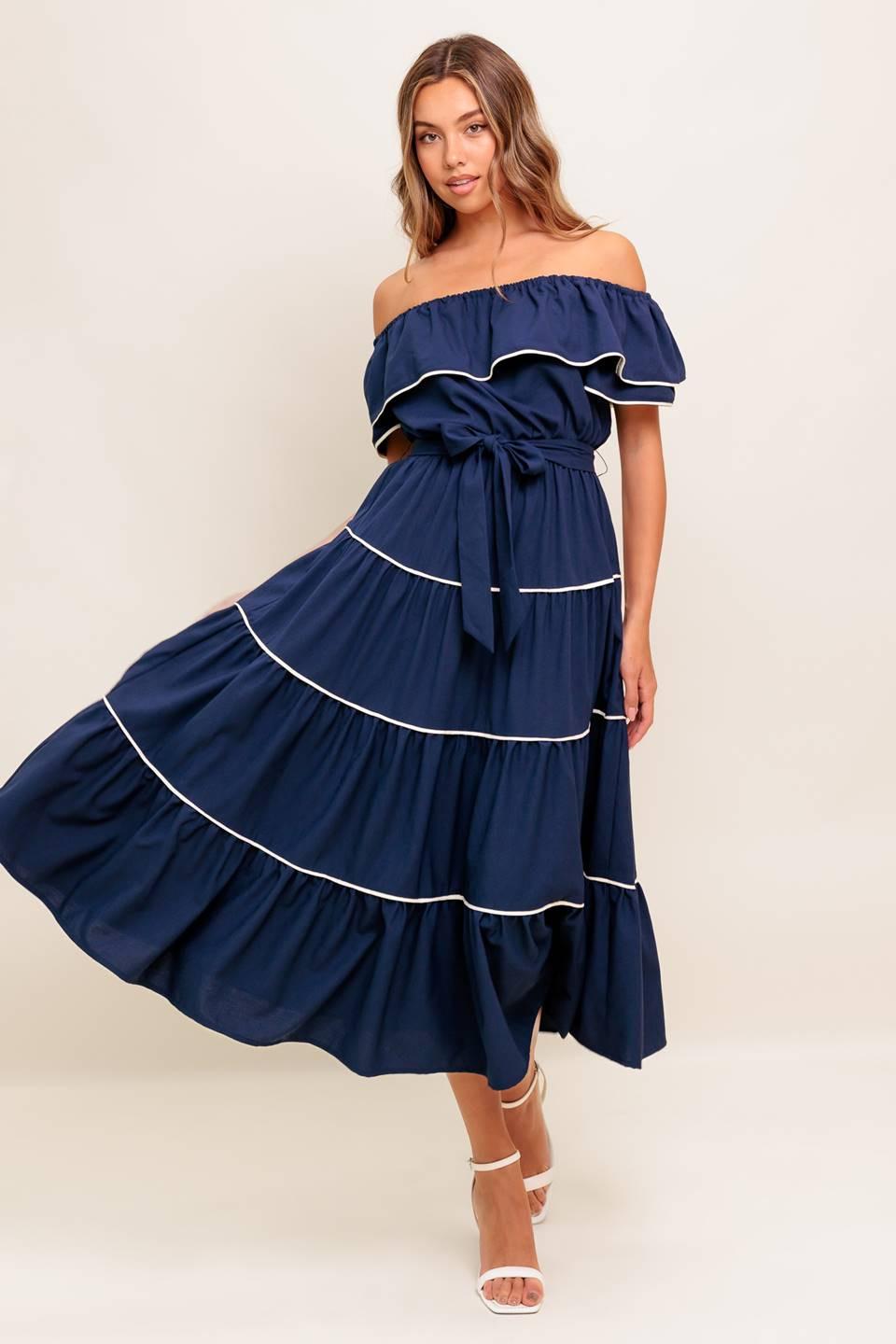 BUTTERCREAM DREAM NAVY WOVEN MIDI DRESS by Flying Tomato at Shirley Shoppe