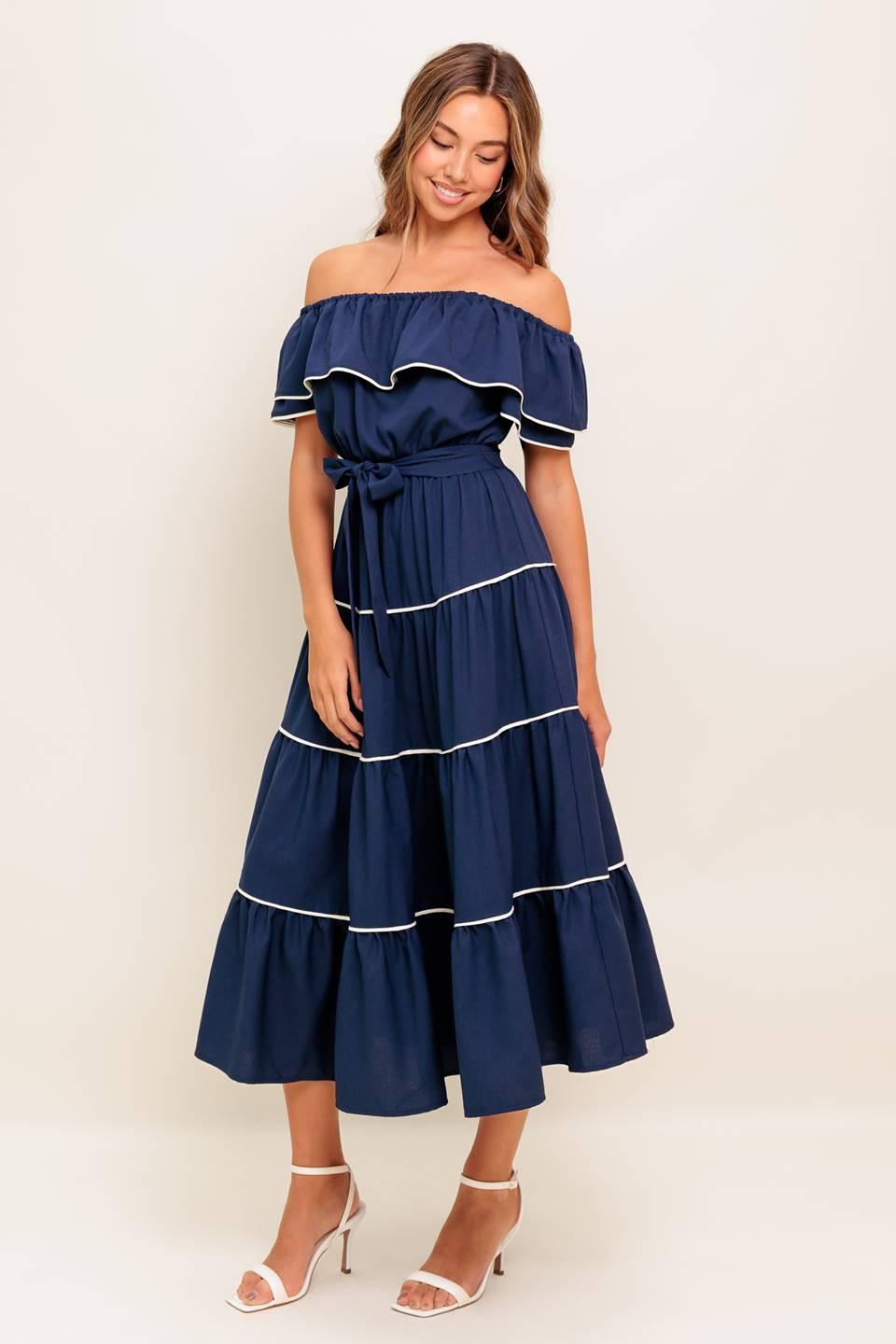 BUTTERCREAM DREAM NAVY WOVEN MIDI DRESS by Flying Tomato at Shirley Shoppe