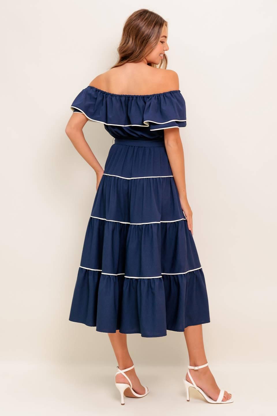 BUTTERCREAM DREAM NAVY WOVEN MIDI DRESS by Flying Tomato at Shirley Shoppe