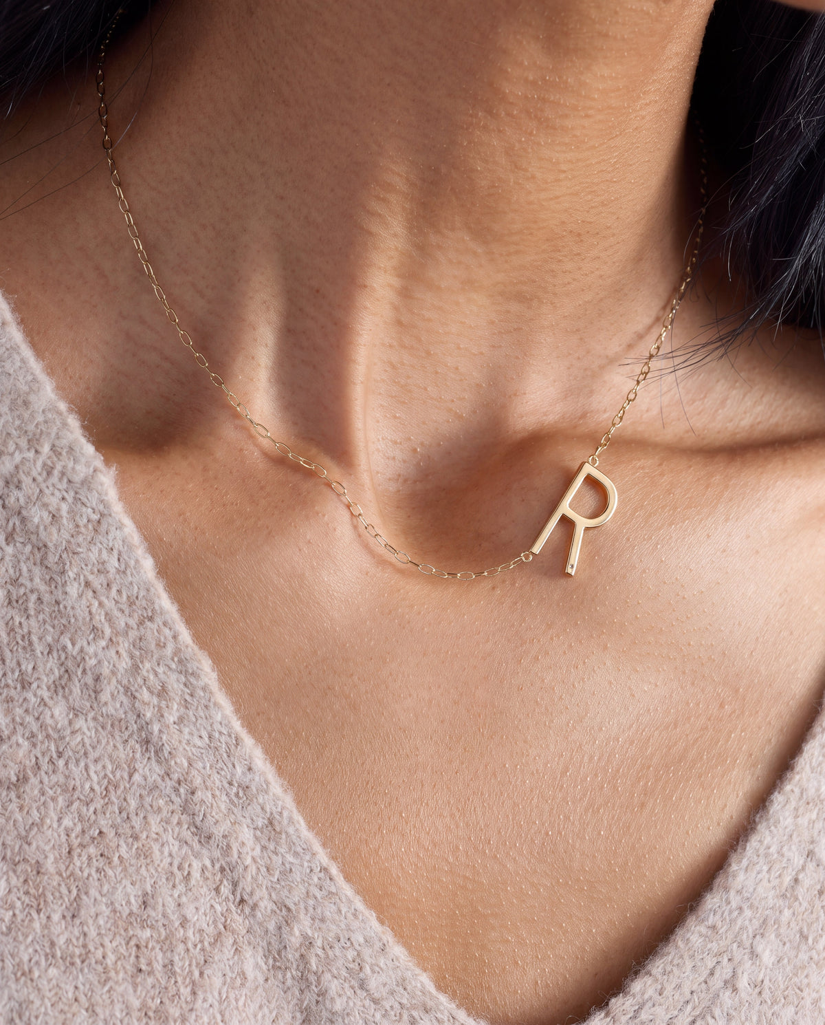 Initial R Precious Elongated Necklace