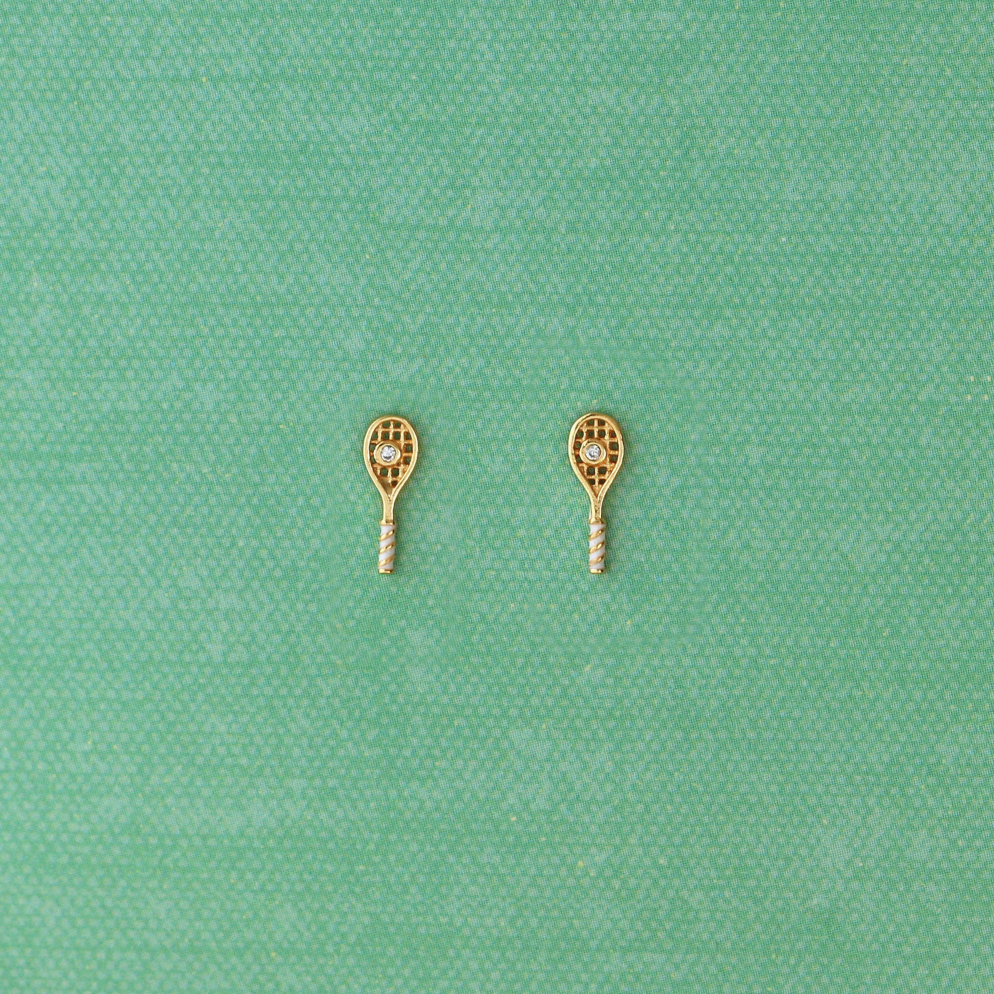 Kris Nations - Tennis Racket Crystal and Enamel Stud Earrings 18K Gold Vermeil | Sterling Silver CZ Crystal "Ball" Nickel Free Hypoallergenic Ships from CA